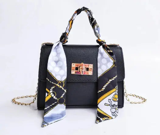 Bolso de mano mujer con cadena y pañuelo decorativo elegante