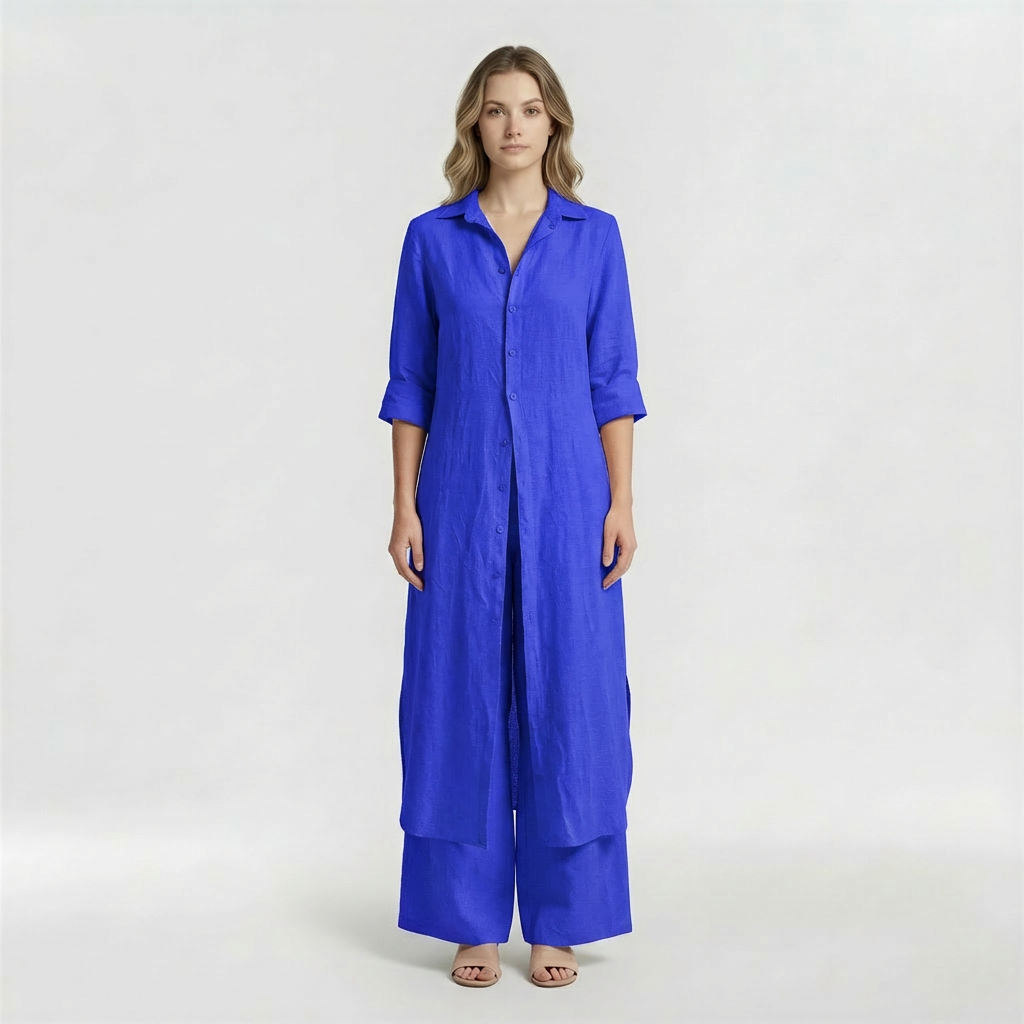 Conjunto Mujer Camisa Larga y Pantalón Pata Ancha Mezcla Lino