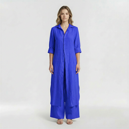 Conjunto Mujer Camisa Larga y Pantalón Pata Ancha Mezcla Lino