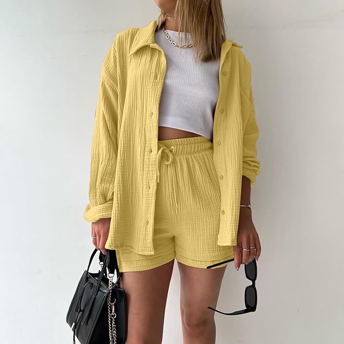 Conjunto verano mujer de algodón camisa y shorts ajustados