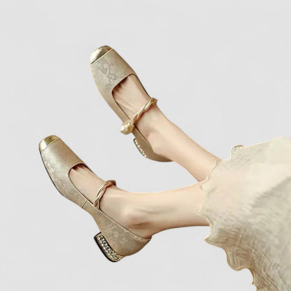 Zapatos Tacón Cuadrado Mujer Puntera Cuadrada Pedrería