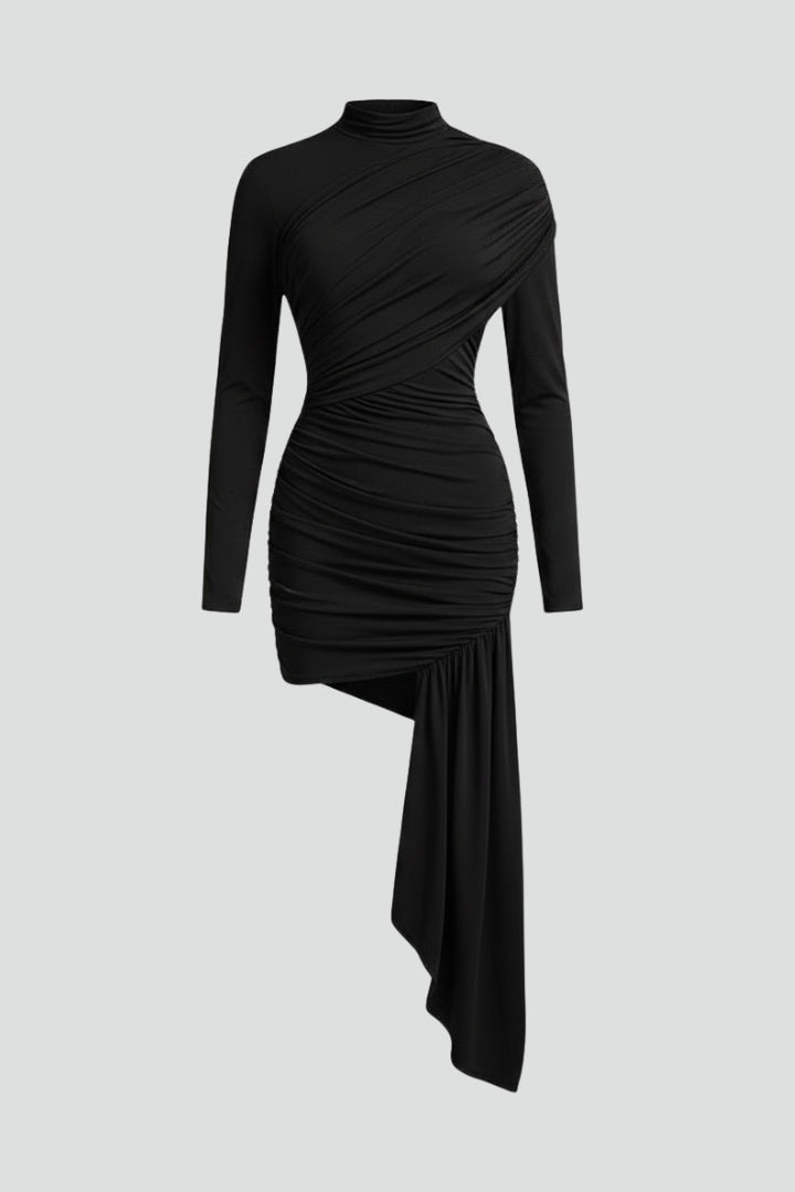 Vestido Corto Mujer Drapeado Asimétrico Cuello Alto - Mavetta