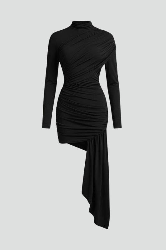 Vestido Corto Mujer Drapeado Asimétrico Cuello Alto - Mavetta