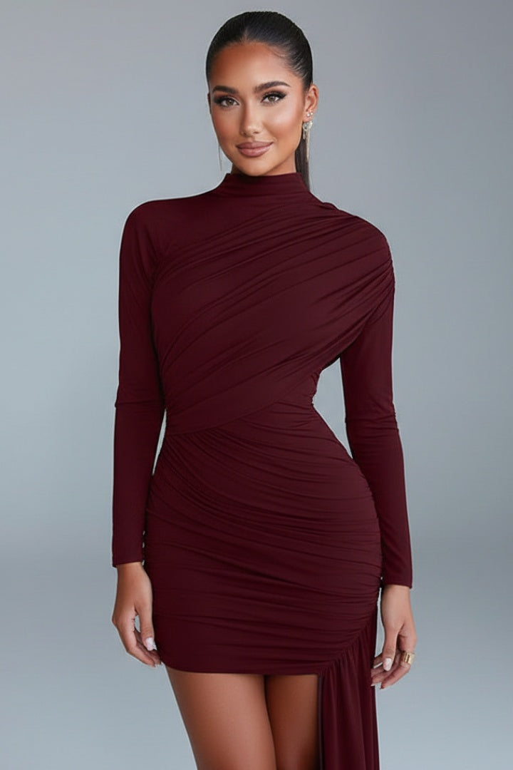 Vestido Corto Mujer Drapeado Asimétrico Cuello Alto