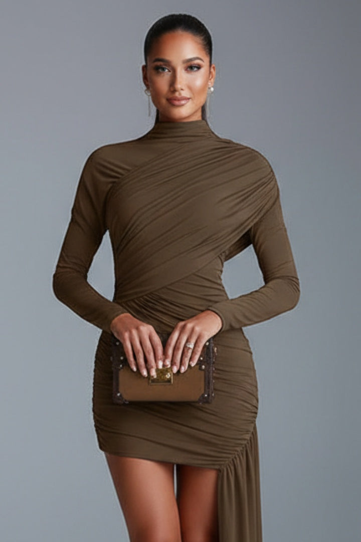 Vestido Corto Mujer Drapeado Asimétrico Cuello Alto