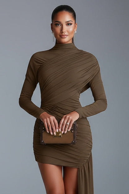 Vestido Corto Mujer Drapeado Asimétrico Cuello Alto
