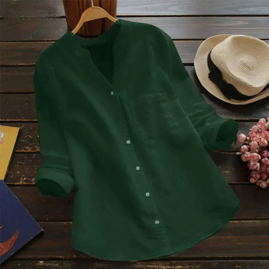 Camisa Mujer con Manga Larga Bolsillo y Cuello Sin Solapa