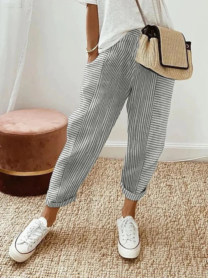 Pantalón Mujer de Lino Fluido con Rayas Cintura Ajustable