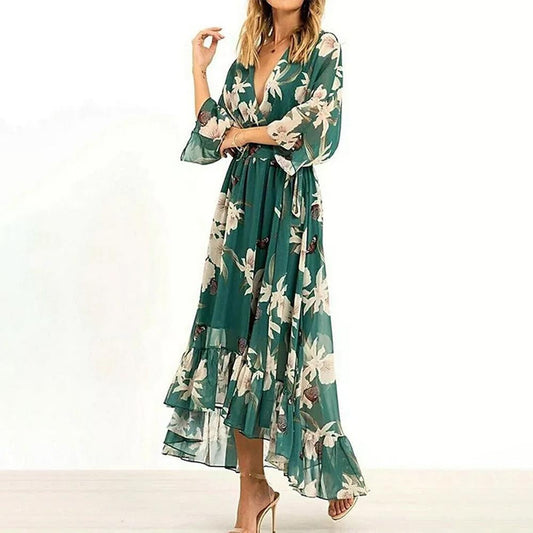 Vestido Largo Mujer Volantes Escote en V Verano - Mavetta