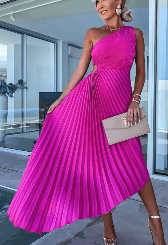 Vestido maxi mujer de gasa plisado con un hombro