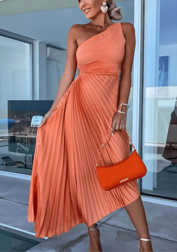 Vestido maxi mujer de gasa plisado con un hombro - Mavetta