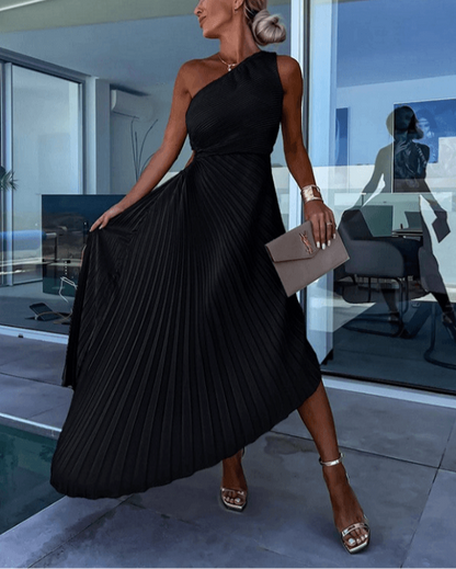 Vestido maxi mujer de gasa plisado con un hombro