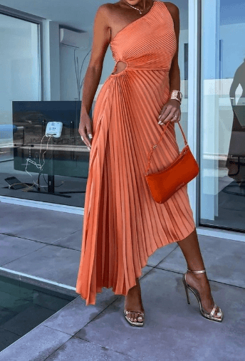 Vestido maxi mujer de gasa plisado con un hombro