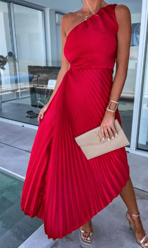 Vestido maxi mujer de gasa plisado con un hombro