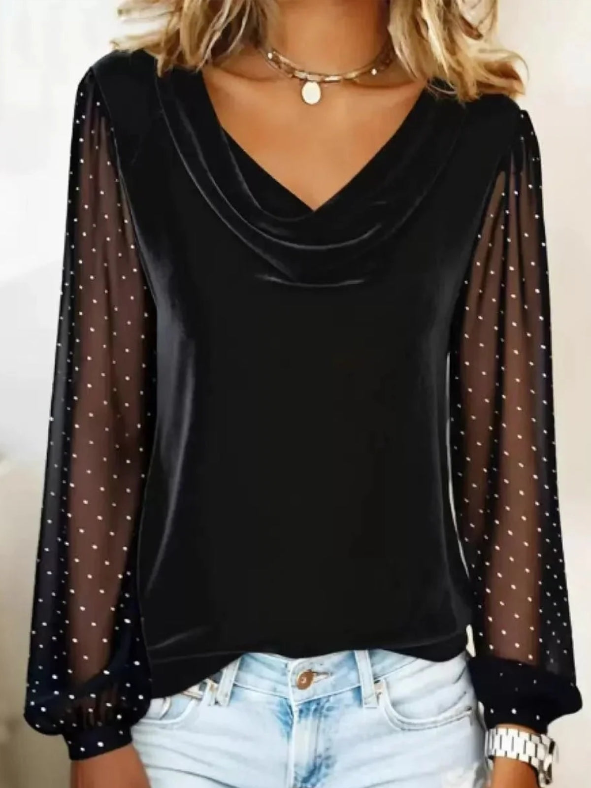 Blusa Mujer de Gasa Mangas Transparentes Escote en V - Mavetta