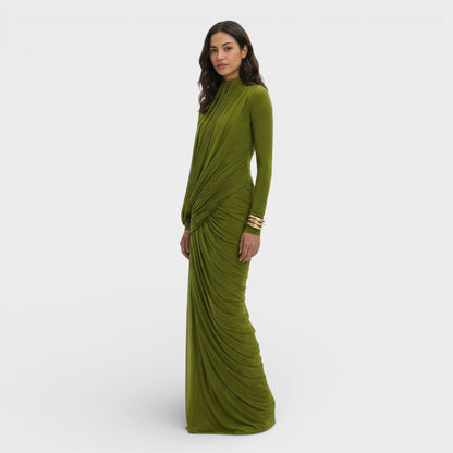 Vestido Largo Mujer Drapeado Cuello Alto Manga Larga - Mavetta