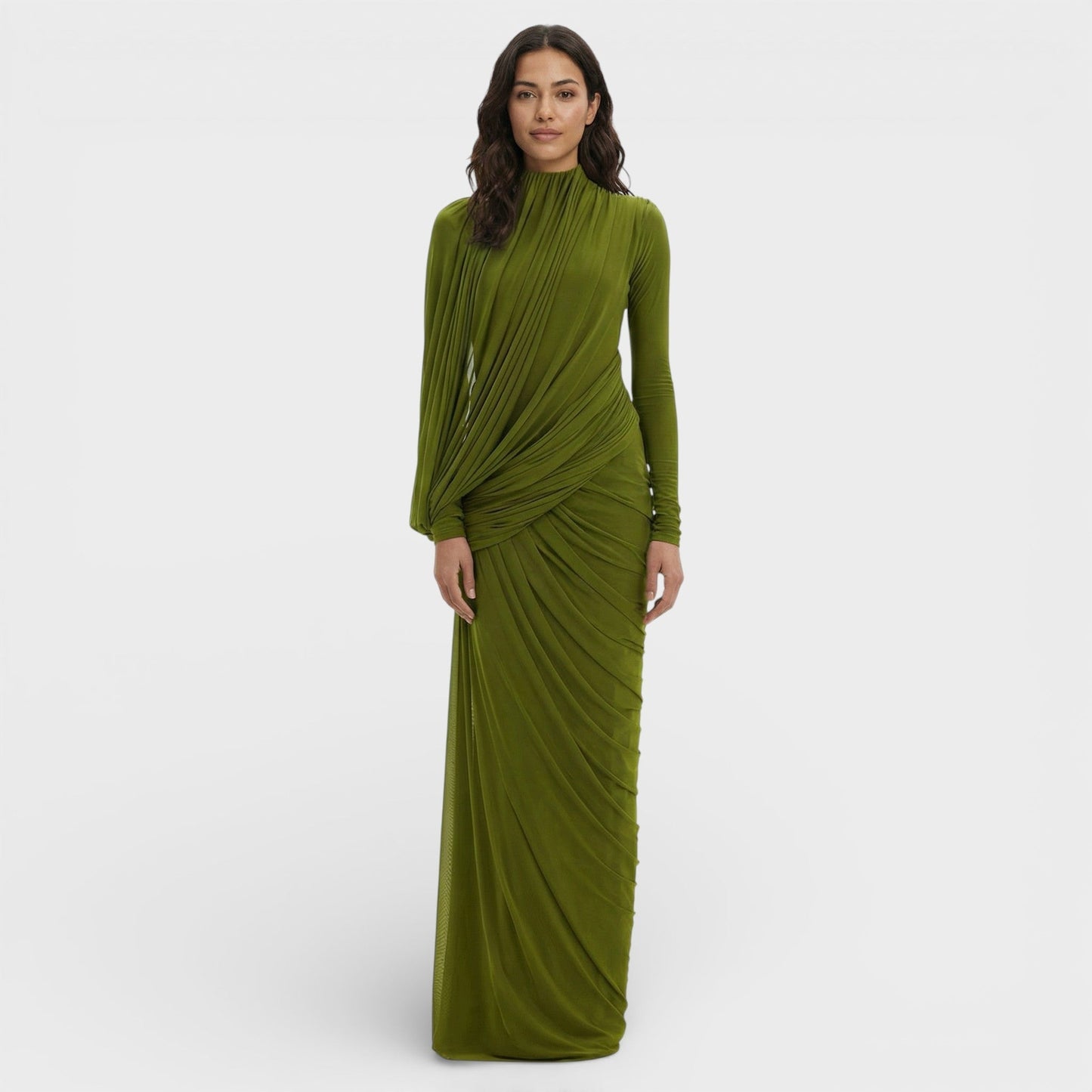 Vestido Largo Mujer Drapeado Cuello Alto Manga Larga