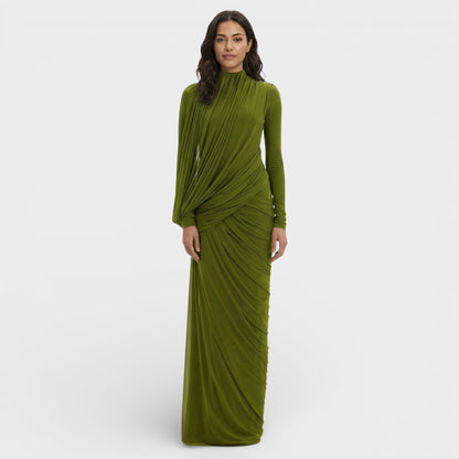 Vestido Largo Mujer Drapeado Cuello Alto Manga Larga