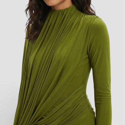 Vestido Largo Mujer Drapeado Cuello Alto Manga Larga