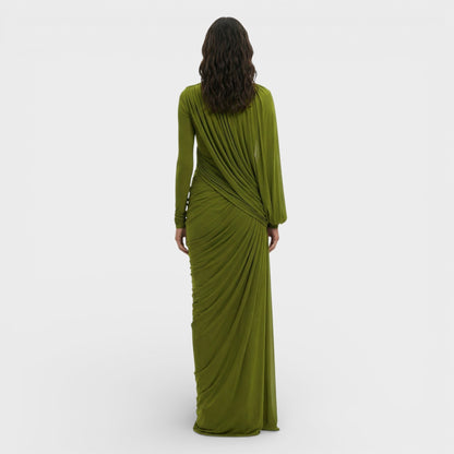 Vestido Largo Mujer Drapeado Cuello Alto Manga Larga