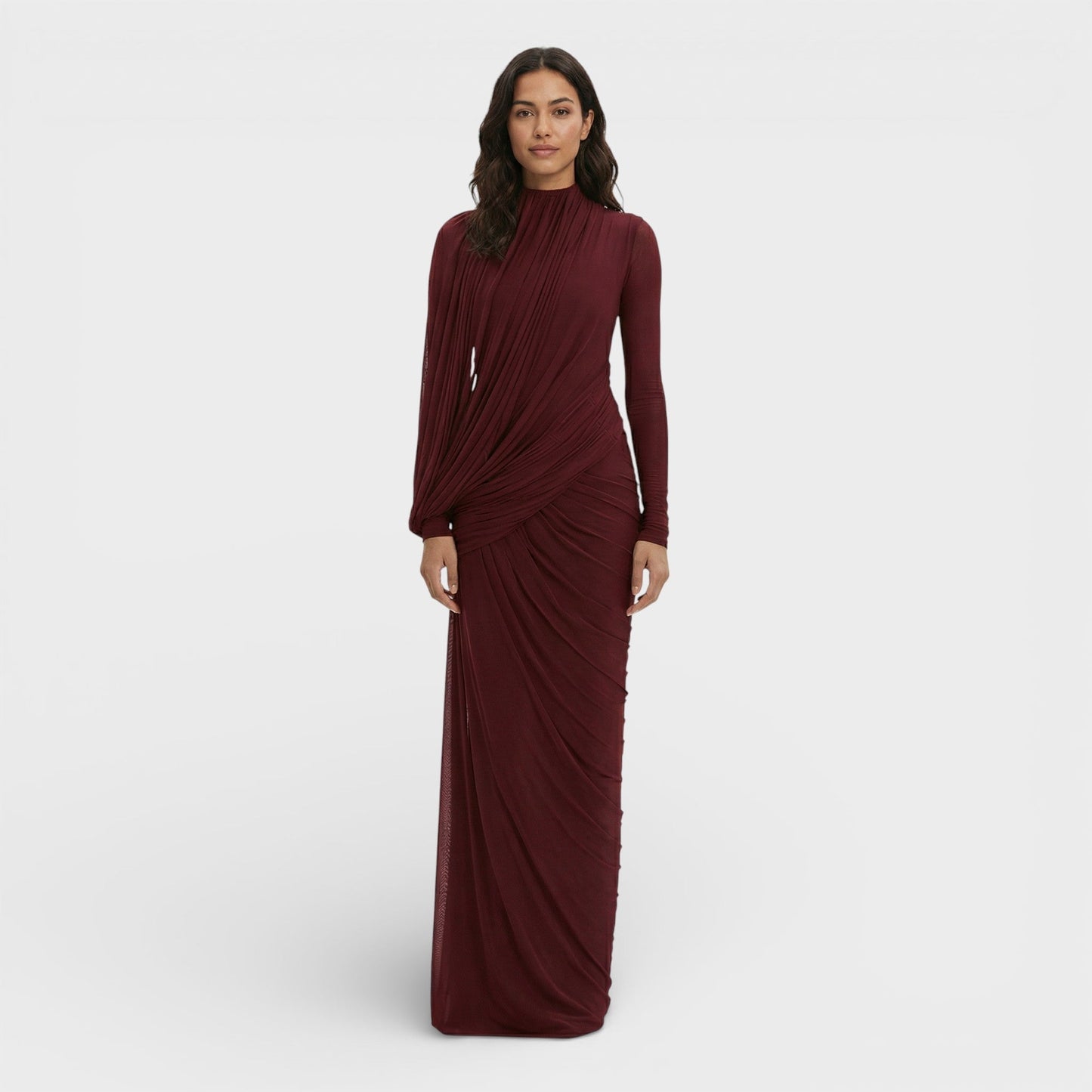 Vestido Largo Mujer Drapeado Cuello Alto Manga Larga
