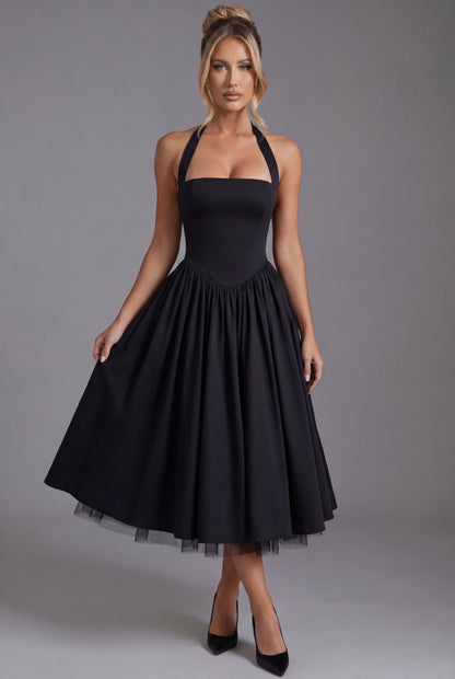 Vestido Midi Mujer Fiesta Cuello Halter Falda Línea A