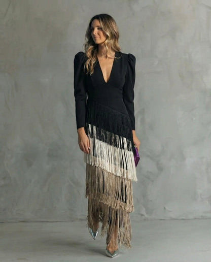 Vestido Midi Mujer con Flecos Estilo Sofisticado y Fluido