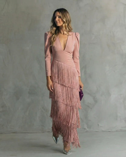 Vestido Midi Mujer con Flecos Estilo Sofisticado y Fluido