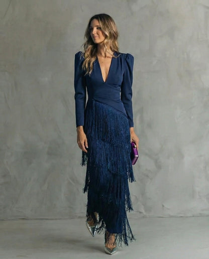 Vestido Midi Mujer con Flecos Estilo Sofisticado y Fluido