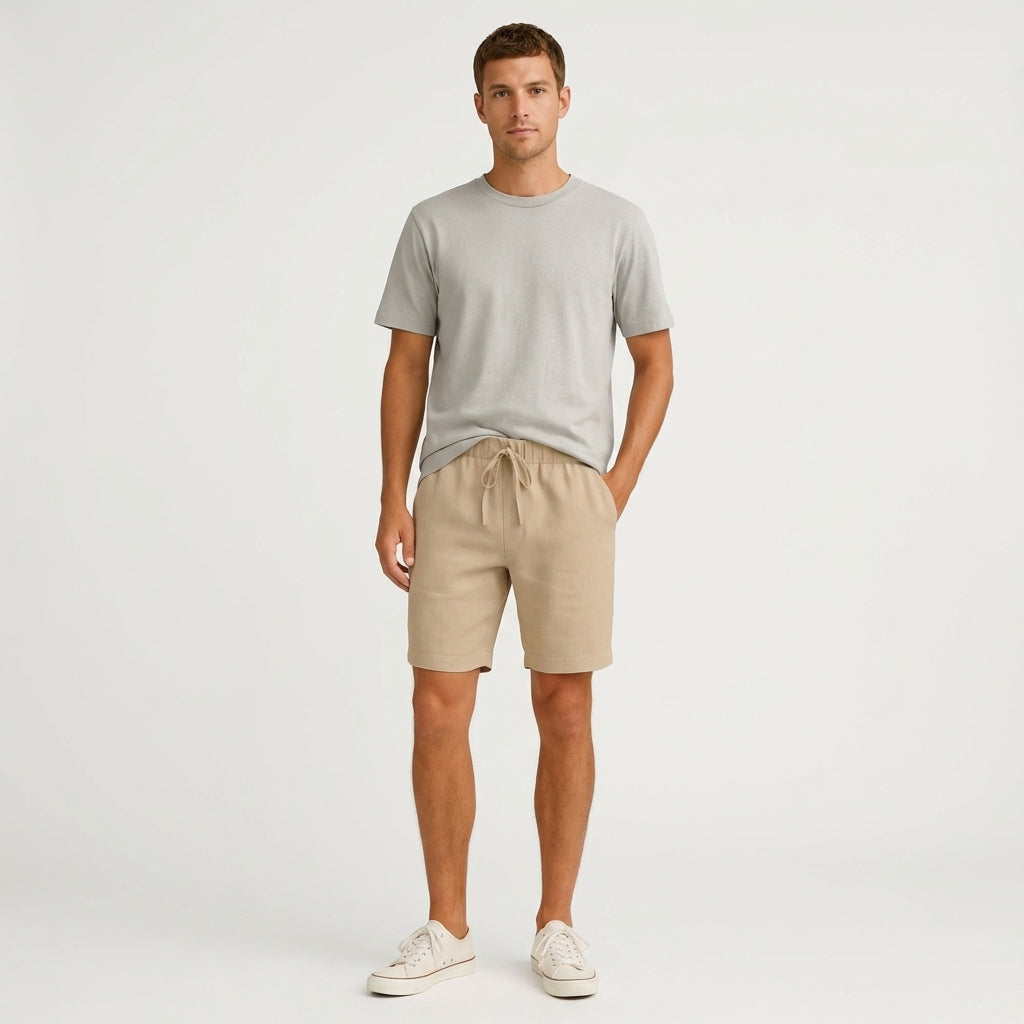 Pantalones Cortos Hombre de Lino Cordón Ajustable Bolsillos Laterales