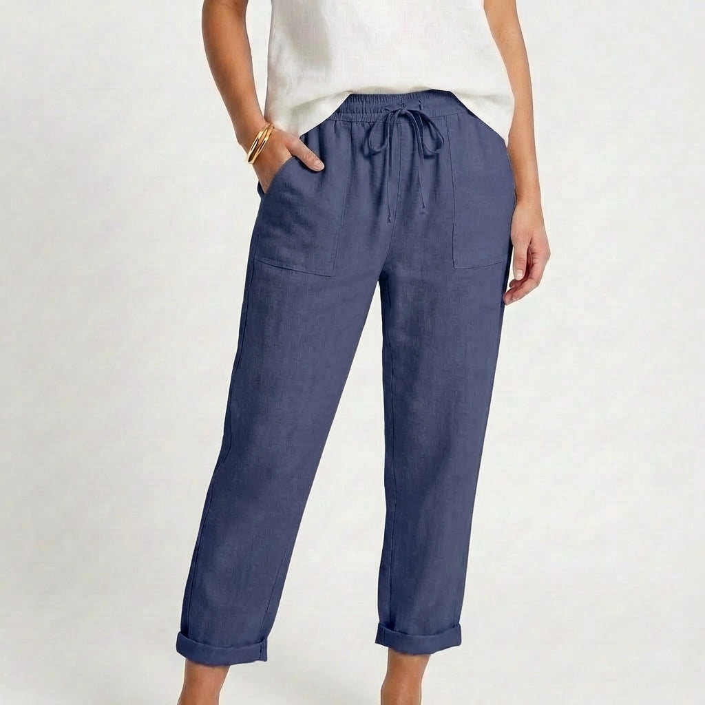 Pantalón Mujer Casual Algodón Cintura con Cordón Bajo Doblado