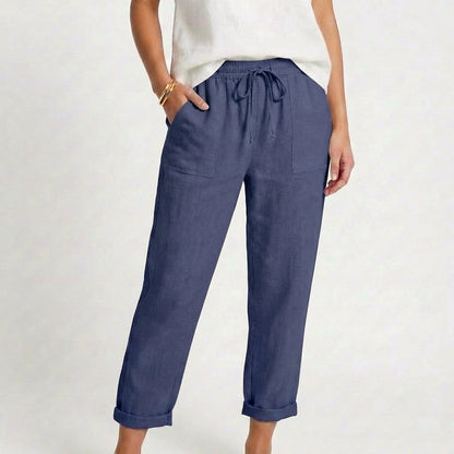 Pantalón Mujer Casual Algodón Cintura con Cordón Bajo Doblado