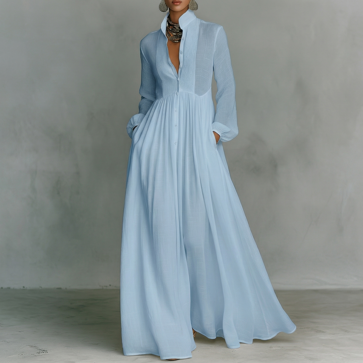 Vestido maxi mujer de algodón y lino cuello alto manga larga