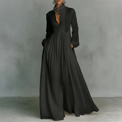 Vestido maxi mujer de algodón y lino cuello alto manga larga