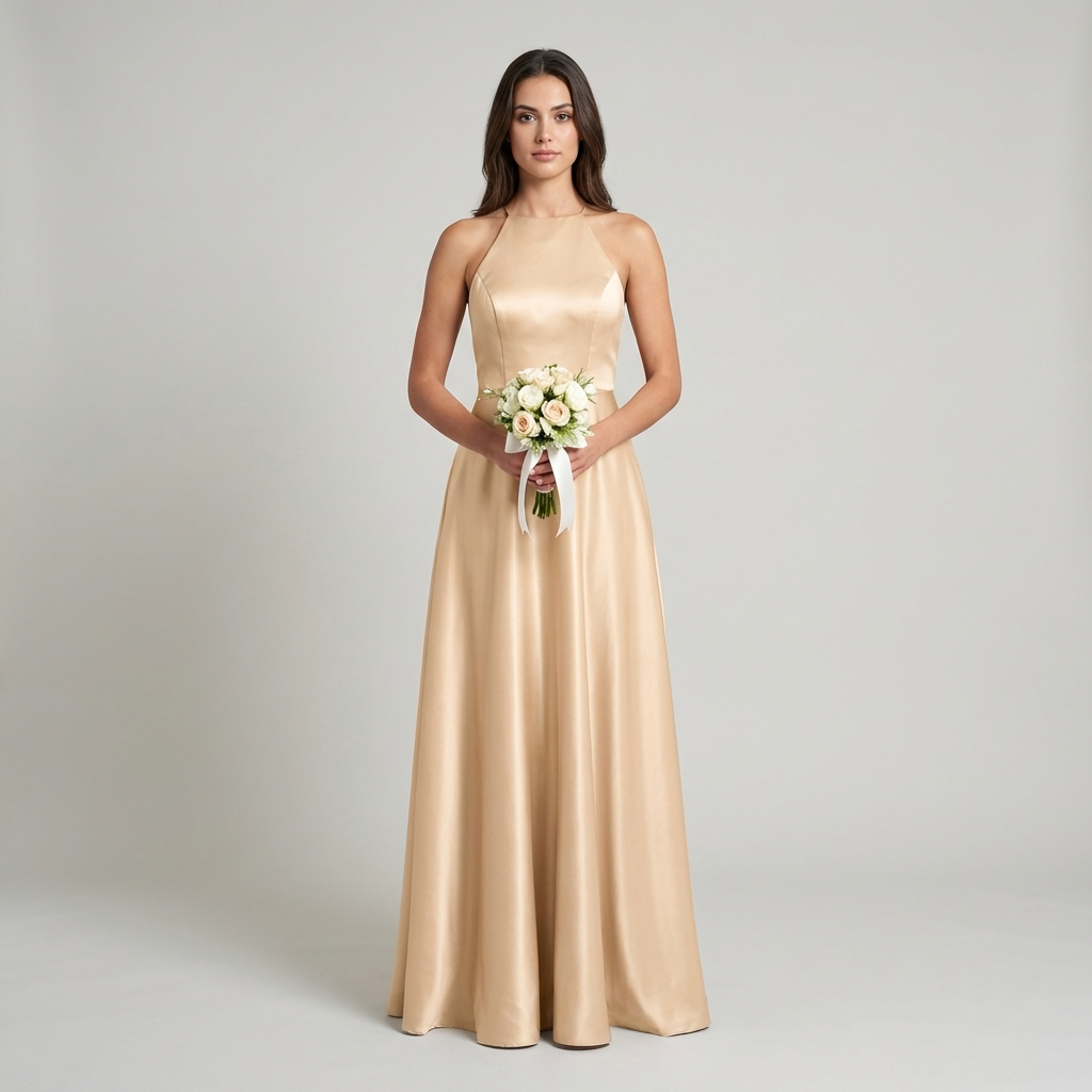 Vestido Ceremonia Mujer Satén Cuello Halter Espalda Cruzada