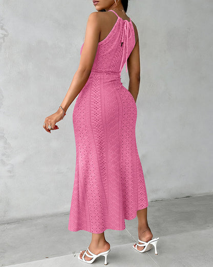 Vestido midi mujer Jacquard halter abertura verano