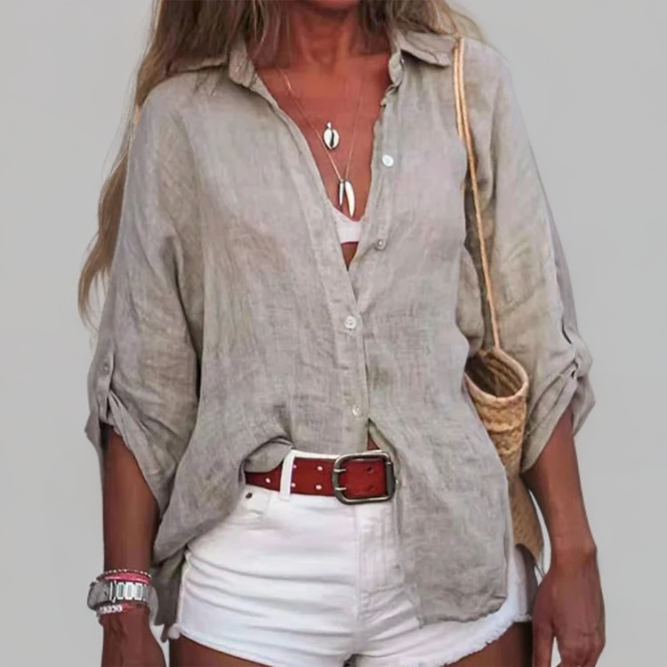 Blusa Mujer de Lino Ligera Manga Remangada