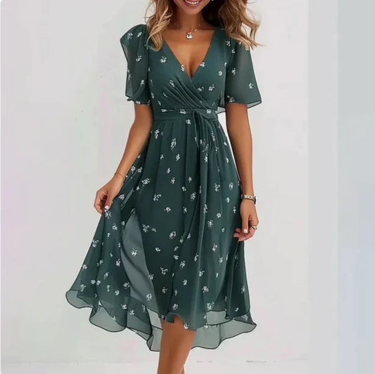 Vestido midi mujer de gasa floral escote en V mangas cortas - Mavetta