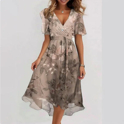 Vestido midi mujer con escote en V y mangas cortas