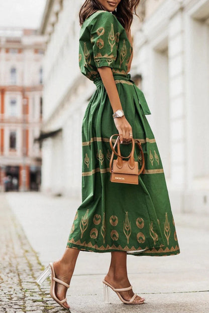 Vestido midi mujer estilo boho con cinturón y estampado