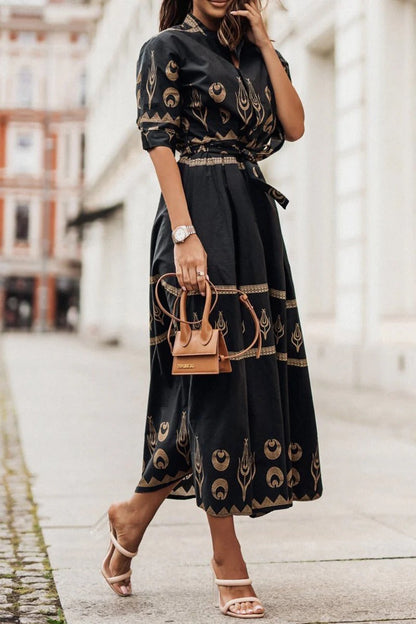Vestido midi mujer estilo boho con cinturón y estampado - Mavetta