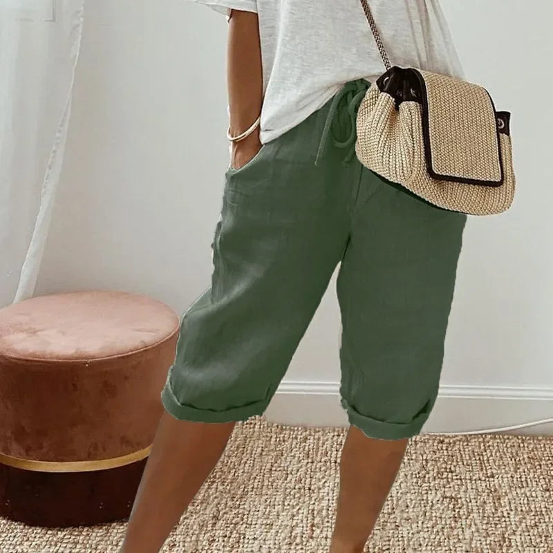Pantalones Cortos Mujer de Lino y Algodón Cintura Elástica