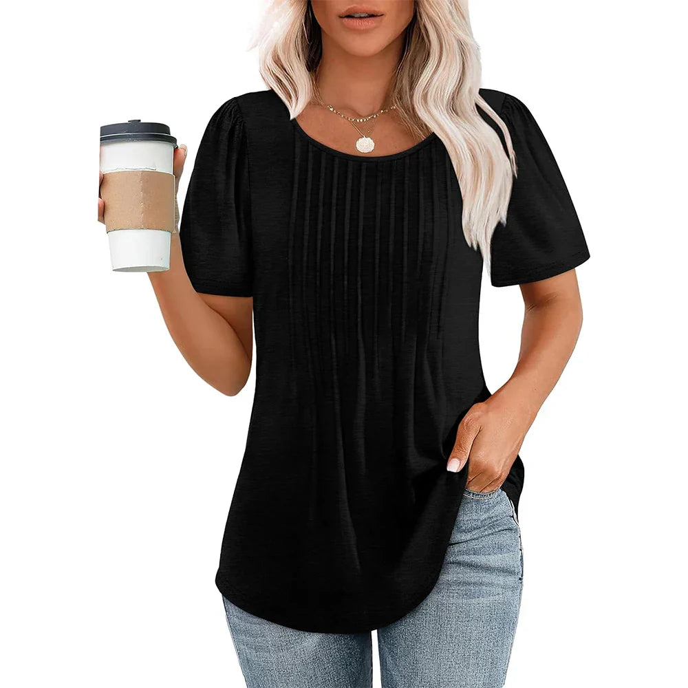 Camiseta Mujer Manga Corta Pliegues Cuello Redondo
