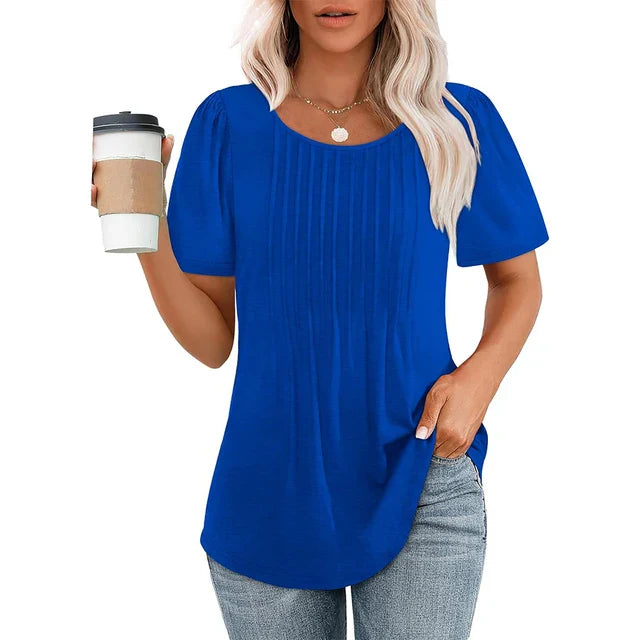 Camiseta Mujer Manga Corta Pliegues Cuello Redondo