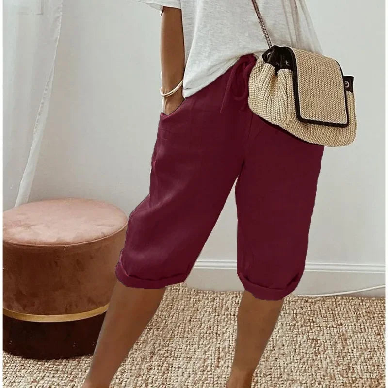Pantalones Cortos Mujer de Lino y Algodón Cintura Elástica