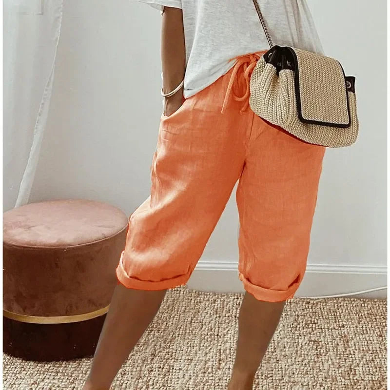 Pantalones Cortos Mujer de Lino y Algodón Cintura Elástica