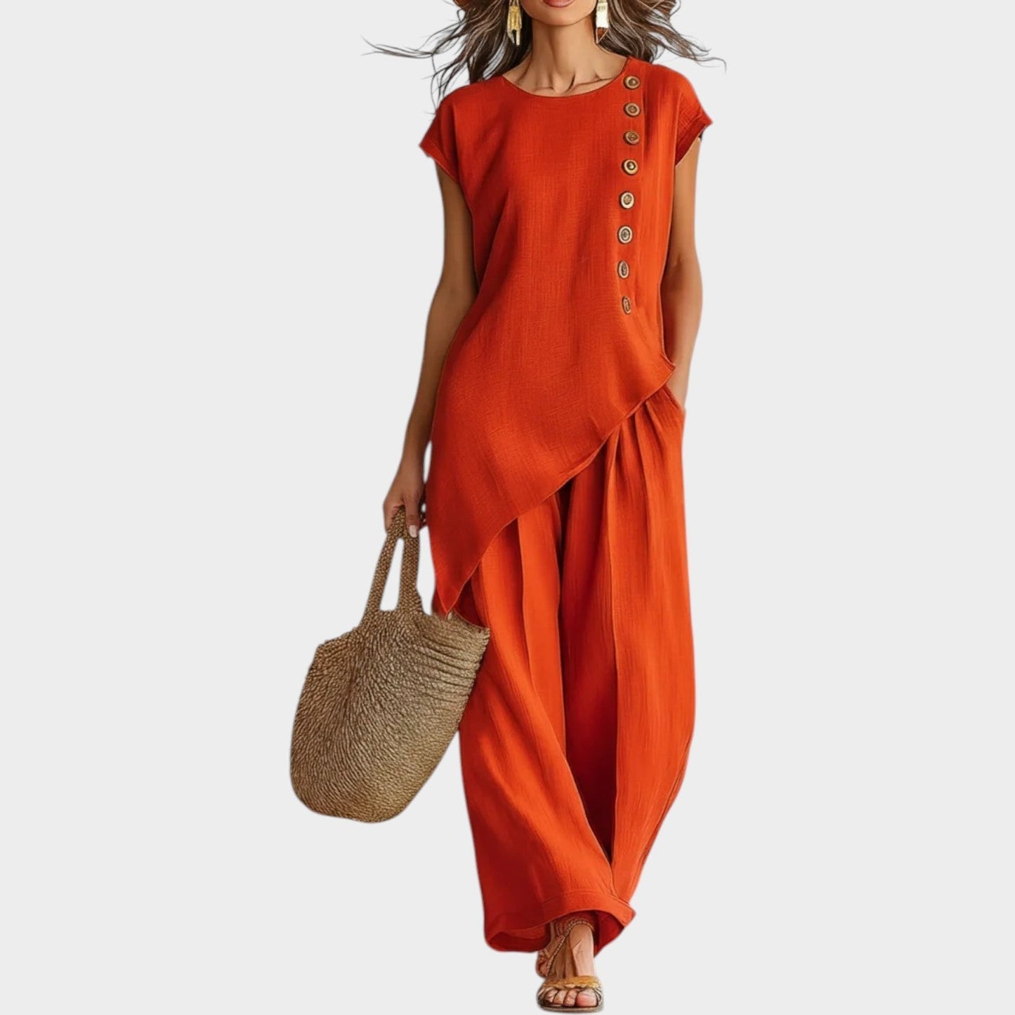 Conjunto Mujer Lino Fluido Diseño Asimétrico Botones Laterales - Mavetta