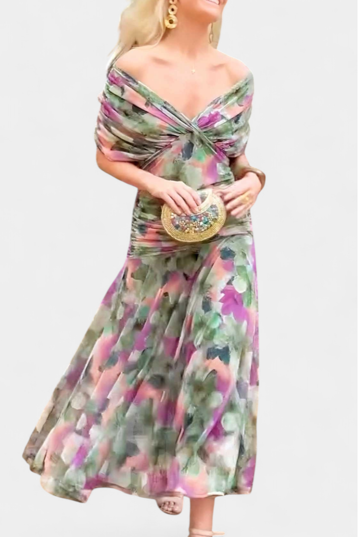 Vestido mujer escote cruzado off-shoulder falda midi fluida tejido