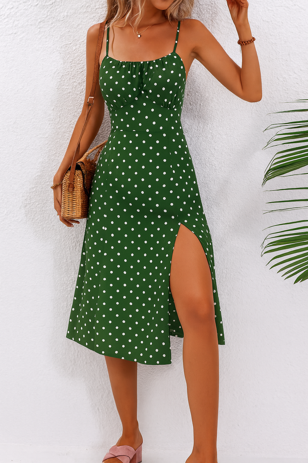 Vestido midi mujer de lunares tirantes finos abertura lateral
