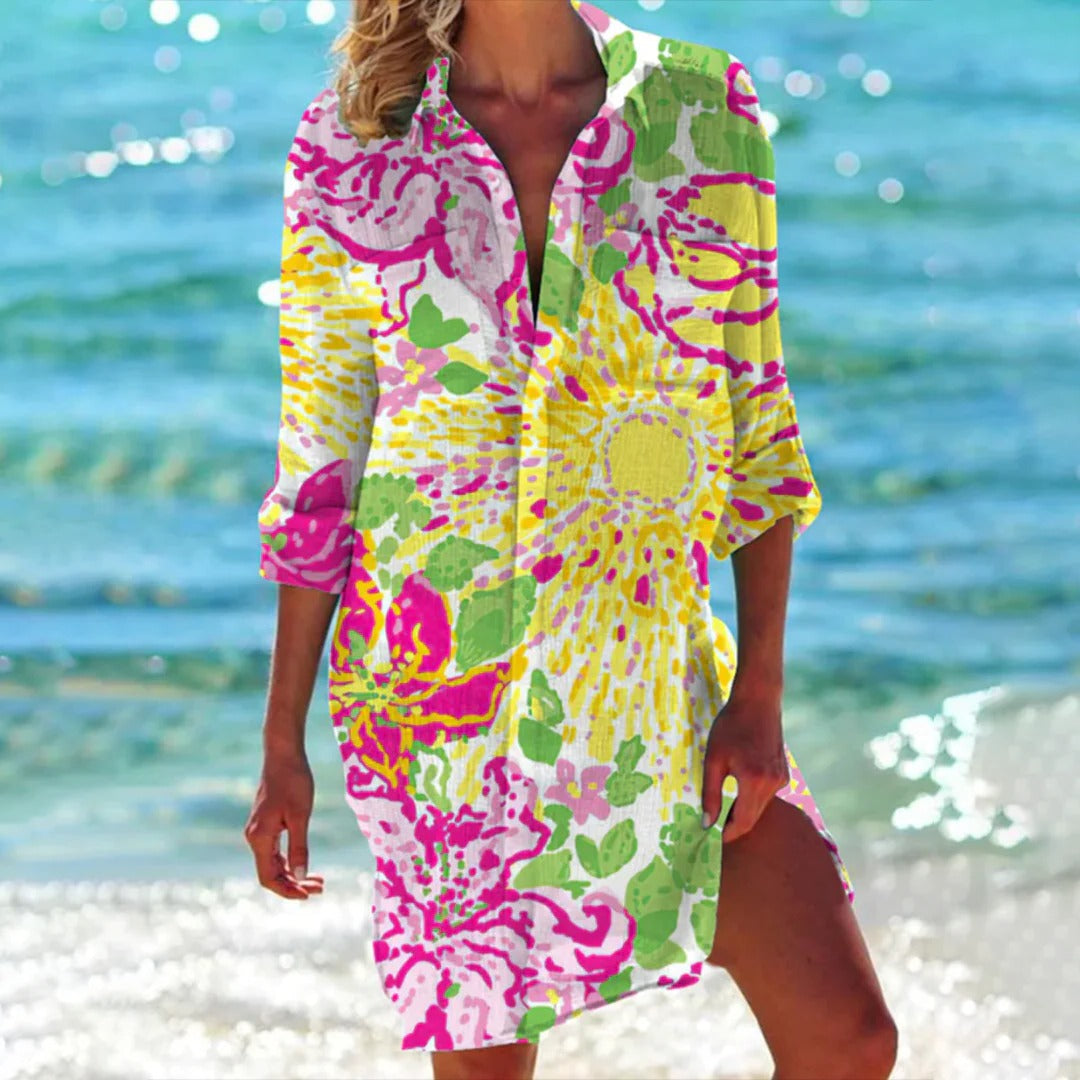 Vestido Playa Mujer Estampado Manga Larga con Botones